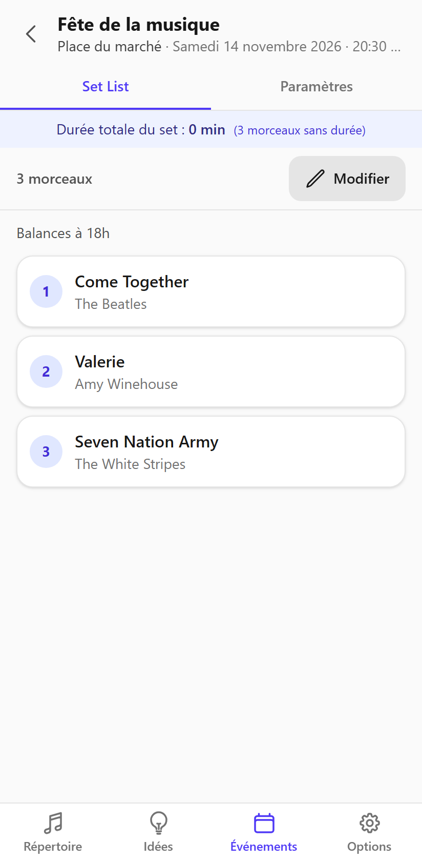 La setlist d'un concert